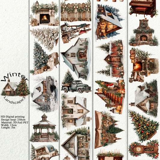 PET 3D raised Winter Landscape3 tape,one roll fashion, junk journal, scrapbooking,bullet journal, card making.