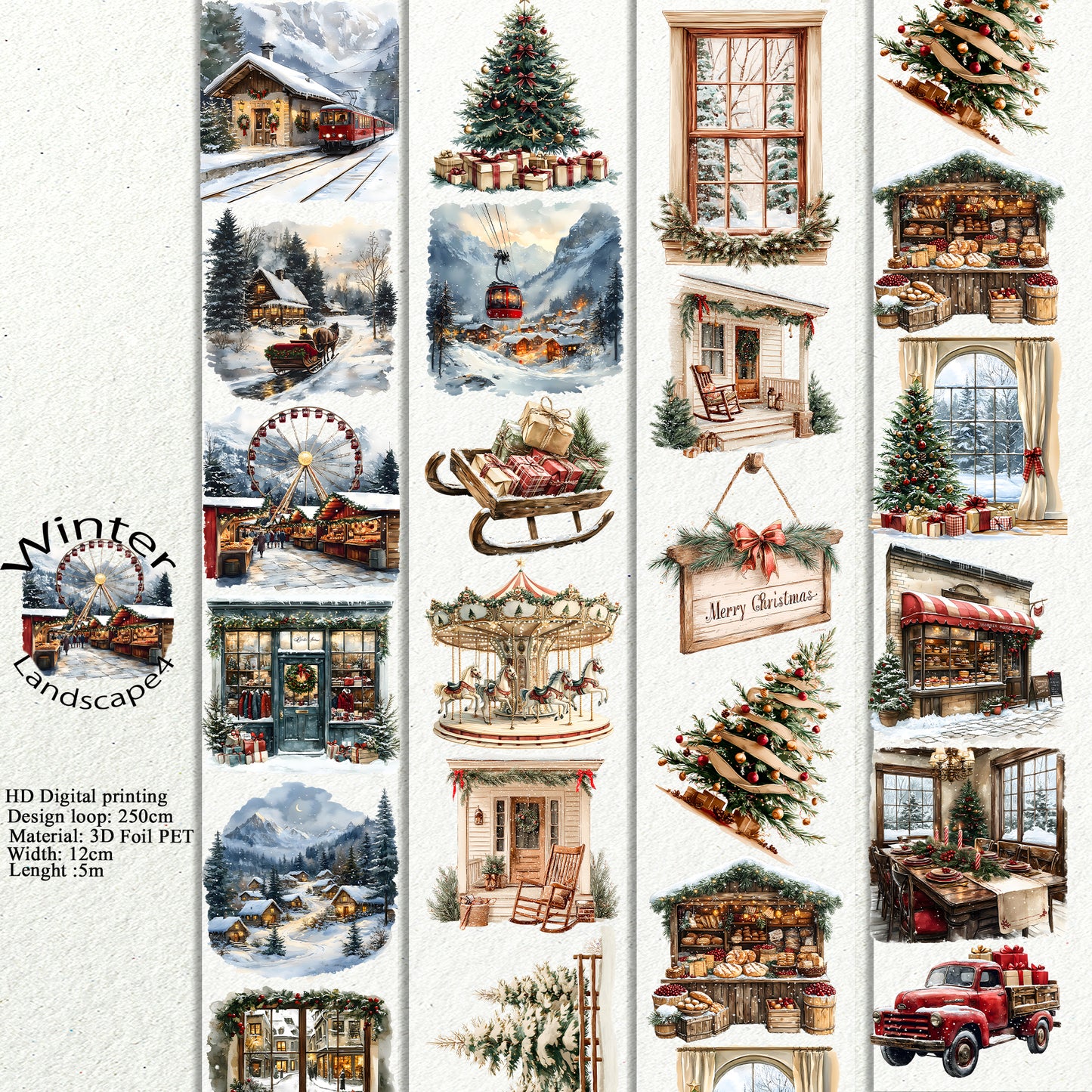 PET 3D raised Winter Landscape4 tape,one roll fashion, junk journal, scrapbooking,bullet journal, card making.