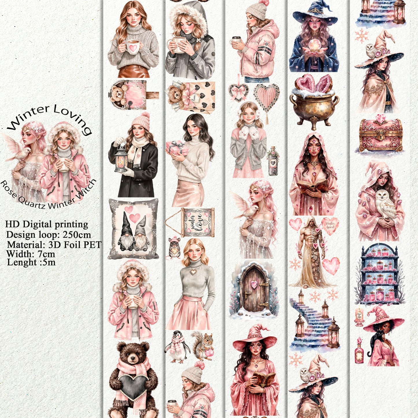 Winter Loving and  Rose Quartz Winter Witch PET 3D raised tape,one roll fashion, junk journal, scrapbooking,bullet journal, card making.