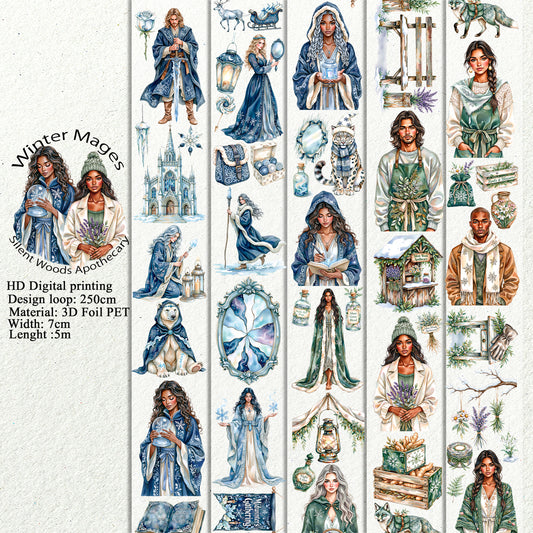 PET 3D raised Winter Mages and Silent Woods Apothecary tape,one roll fashion, junk journal, scrapbooking,bullet journal, card making.