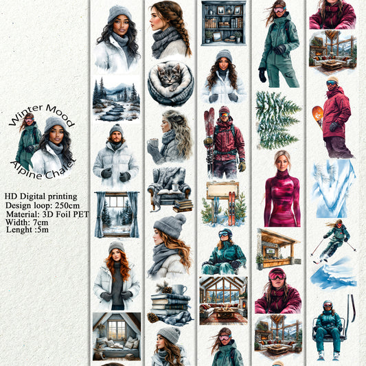 PET Winter Mood and Alpine Chalet 3D raised tape,one roll fashion, junk journal, scrapbooking,bullet journal, card making.
