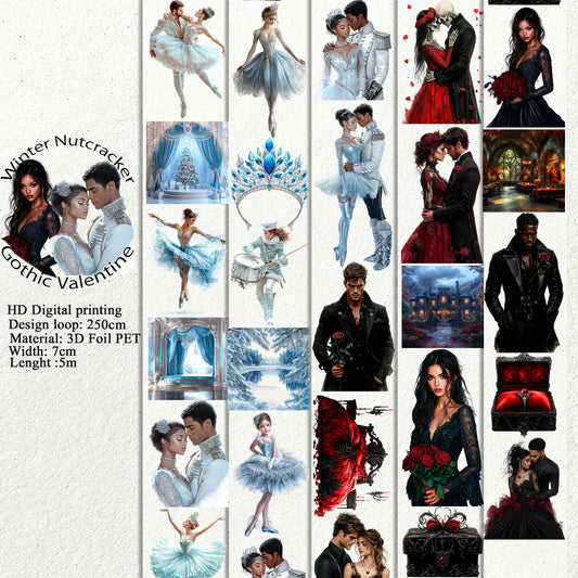 PET Winter Nutcracker and Gothic Valentine 3D raised tape,one roll fashion, junk journal, scrapbooking,bullet journal, card making.