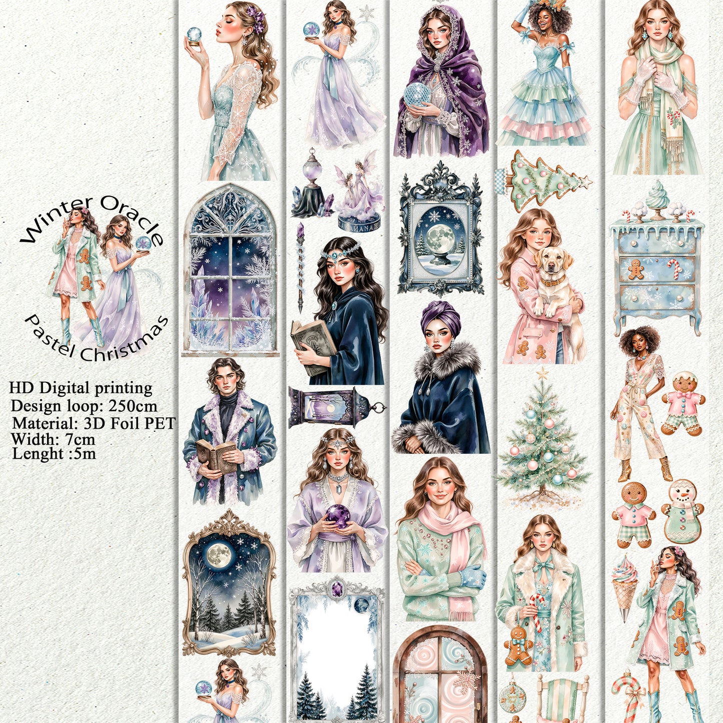 PET 3D raised Winter Oracle and Pastel Christmas tape,one roll fashion, junk journal, scrapbooking,bullet journal, card making.