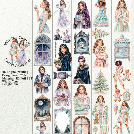PET 3D raised Winter Oracle and Pastel Christmas tape,one roll fashion, junk journal, scrapbooking,bullet journal, card making.