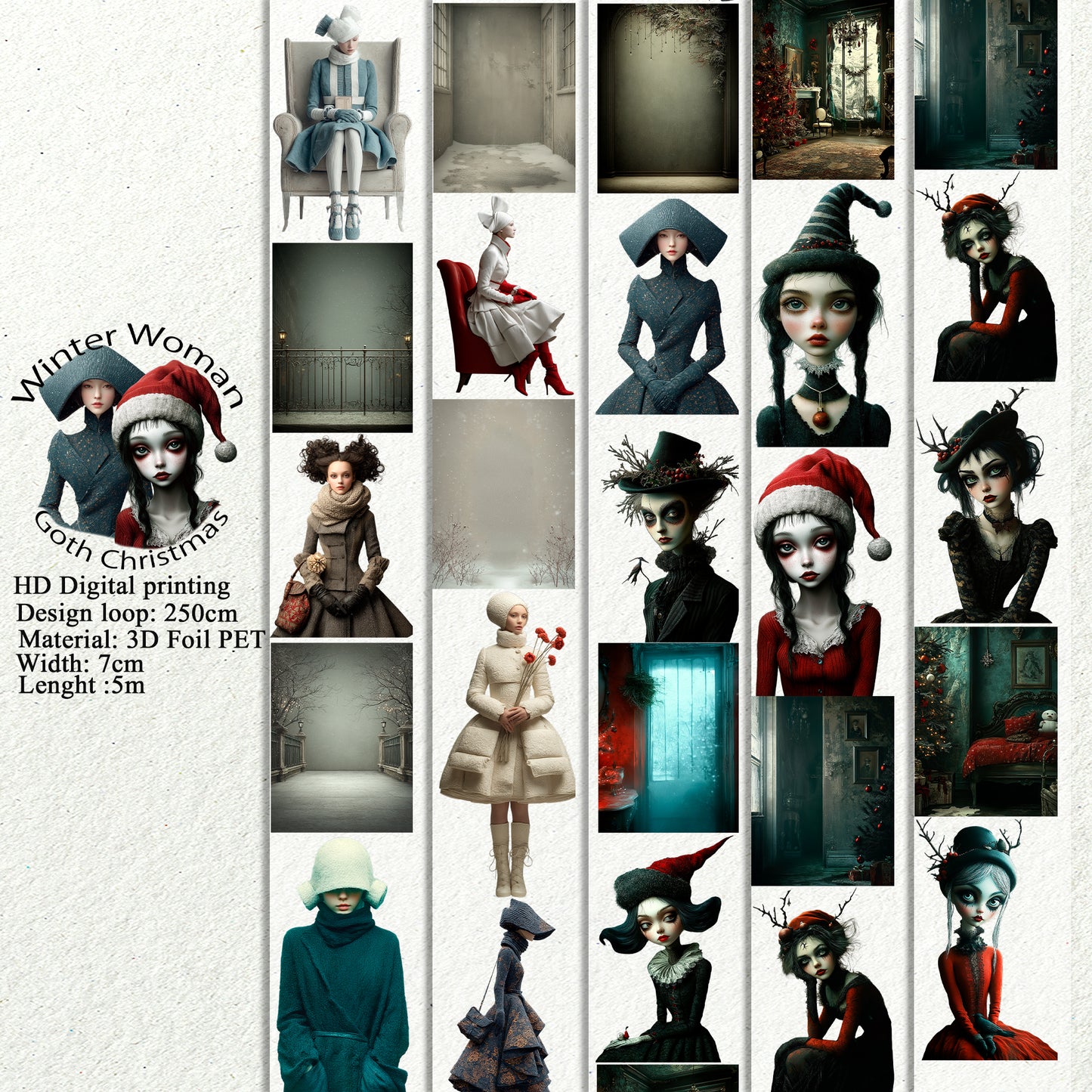 PET 3D raised Winter Woman and Goth Christmas tape,one roll fashion, junk journal, scrapbooking,bullet journal, card making.