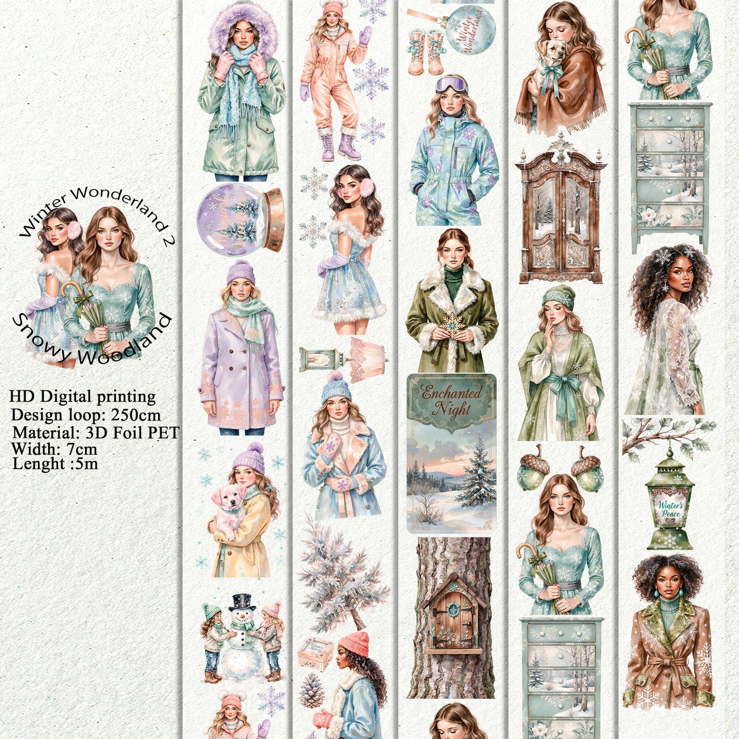 PET 3D raised Winter Wonderland2 and  Snowy Woodland tape,one roll fashion, junk journal, scrapbooking,bullet journal, card making.