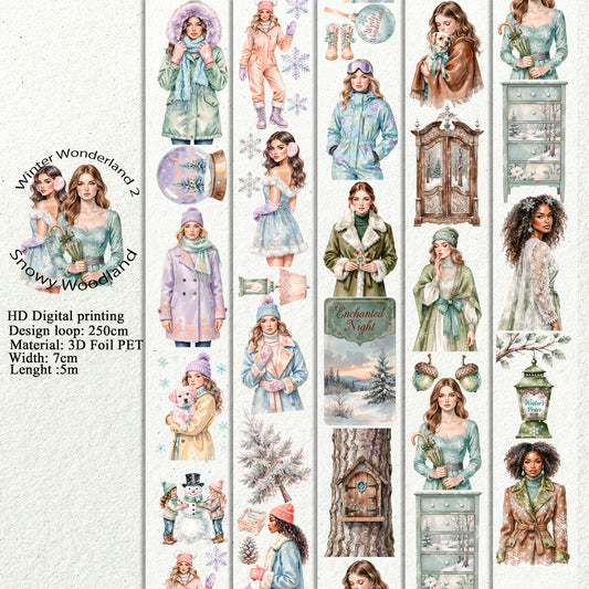 PET 3D raised Winter Wonderland2 and  Snowy Woodland tape,one roll fashion, junk journal, scrapbooking,bullet journal, card making.