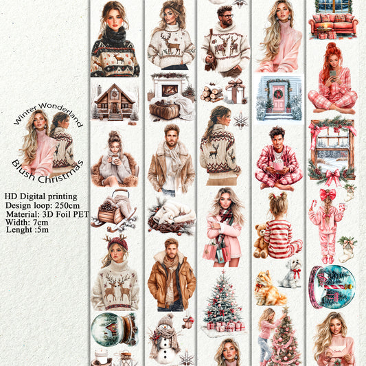 PET 3D raised Winter Wonderland and Blush Christmas tape,one roll fashion, junk journal, scrapbooking,bullet journal, card making.
