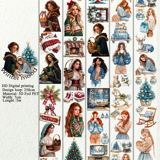 PET 3D raised Winter mood tape,one roll fashion, junk journal, scrapbooking,bullet journal, card making.