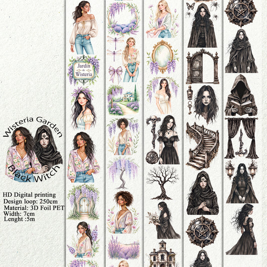 PET 3D raised Wisteria Garden and Black Witch tape,one roll fashion, junk journal, scrapbooking,bullet journal, card making.