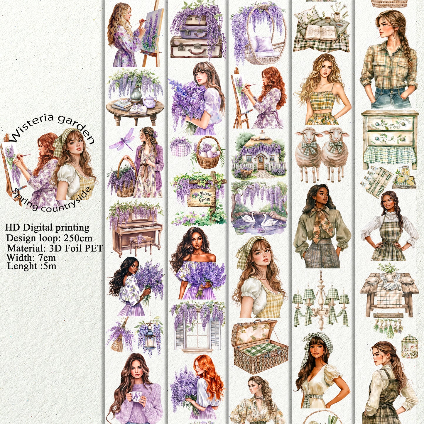 PET Wisteria garden and Spring countryside 3D raised tape,one roll fashion, junk journal, scrapbooking,bullet journal, card making.