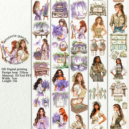 PET Wisteria garden and Spring countryside 3D raised tape,one roll fashion, junk journal, scrapbooking,bullet journal, card making.