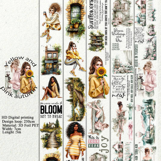 PET 3D raised Yellow and pink autumn tape,one roll fashion, junk journal, scrapbooking,bullet journal, card making.