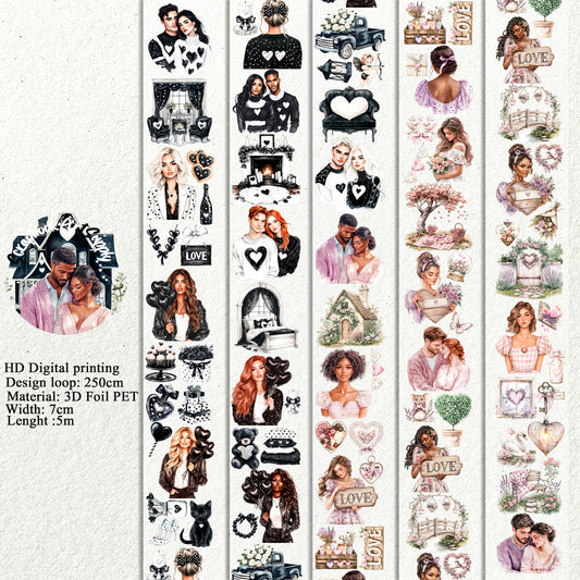 PET 3D raised black and cottagecore romance tape,one roll fashion, junk journal, scrapbooking,bullet journal, card making.