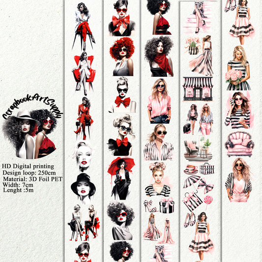 PET 3D raised tape red fashion icons girls tape,one roll vintage fashion, junk journal, scrapbooking,bullet journal, card making.