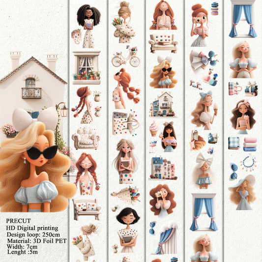KISSCUT Whimsical Spring and Chic Summer PET 3D raised tape,one roll fashion, junk journal, scrapbooking,bullet journal, card making.