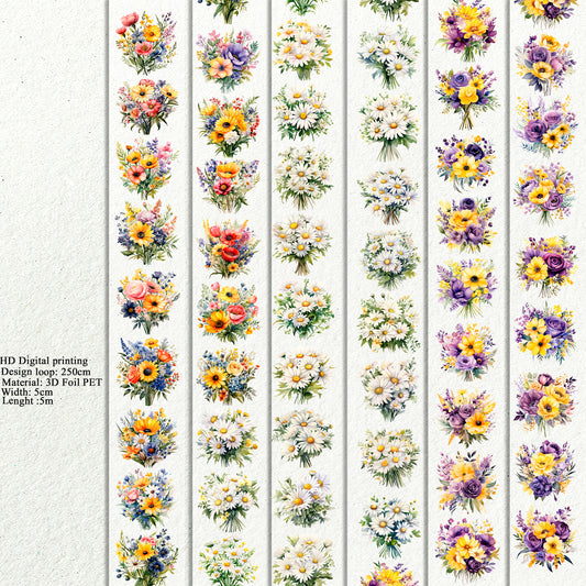 PET 3D raised  flowers tape,one roll fashion, junk journal, scrapbooking,bullet journal, card making.