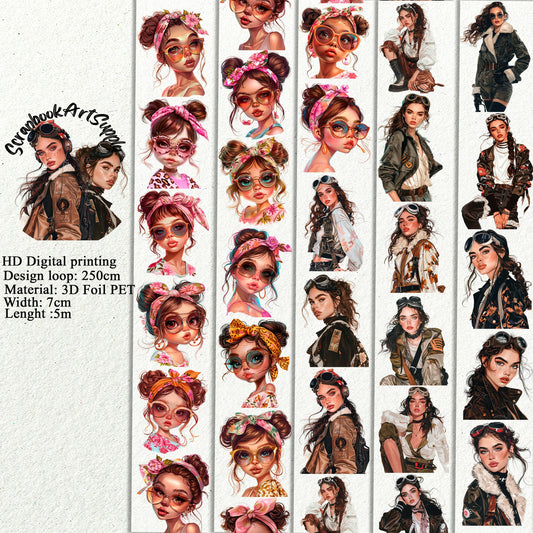 PET 3D raised tape fashion aviator girls tape,one roll vintage fashion, junk journal, scrapbooking,bullet journal, planners,card making.