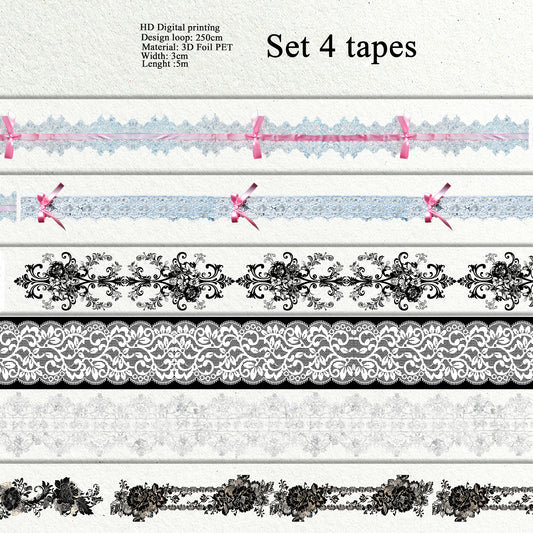 PET 3D raised lace set of 4 rolls tape,one roll fashion, junk journal, scrapbooking,bullet journal, card making.